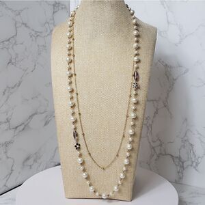 LONG Multi-strand Necklace Faux Pearls Florals Goldtone Chain